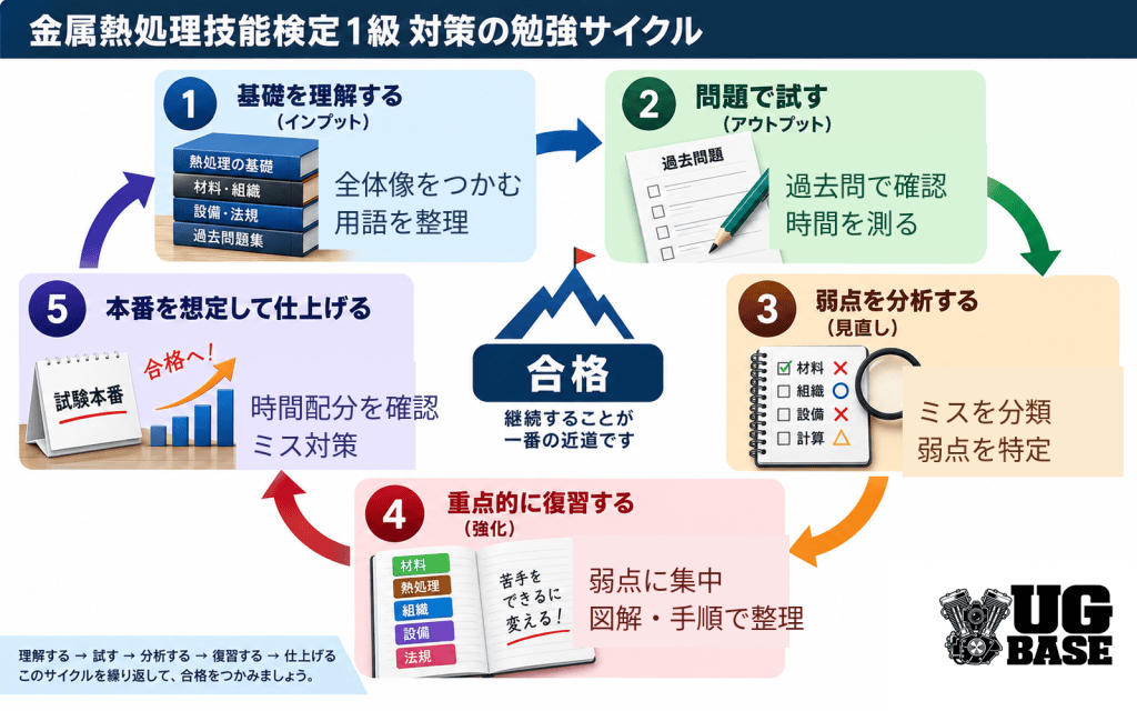 金属熱処理技能検定1級の勉強サイクルを示した図解
