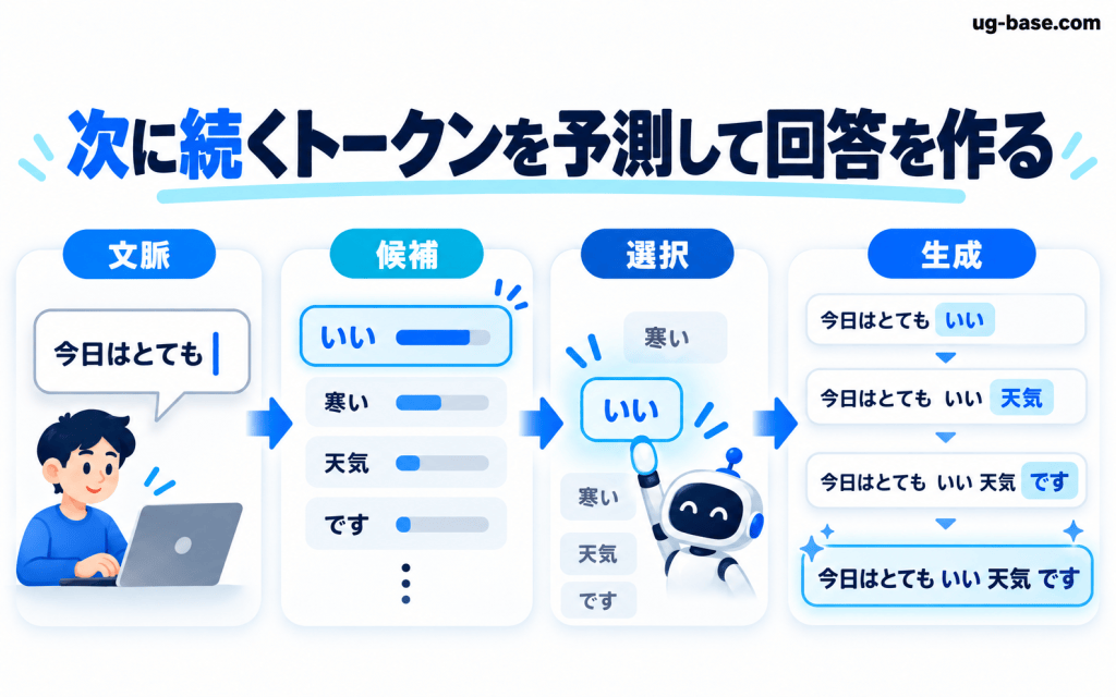 文脈から次のトークン候補を予測し選択を繰り返して回答を生成する流れ