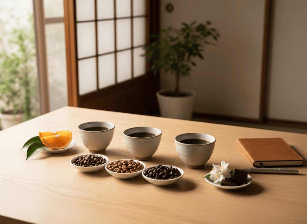 複数のコーヒーと豆を飲み比べながら味の好みを整理するイメージ