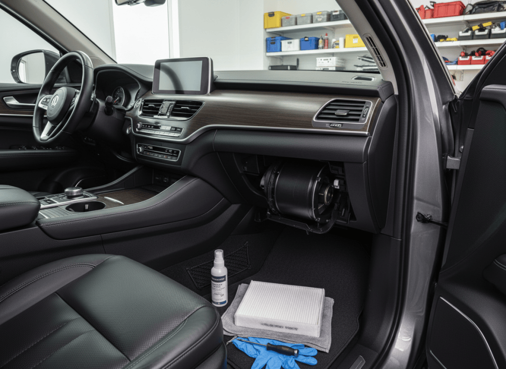 SUVの車内でエアコン臭対策を行うためのフィルターと工具を準備したイメージ