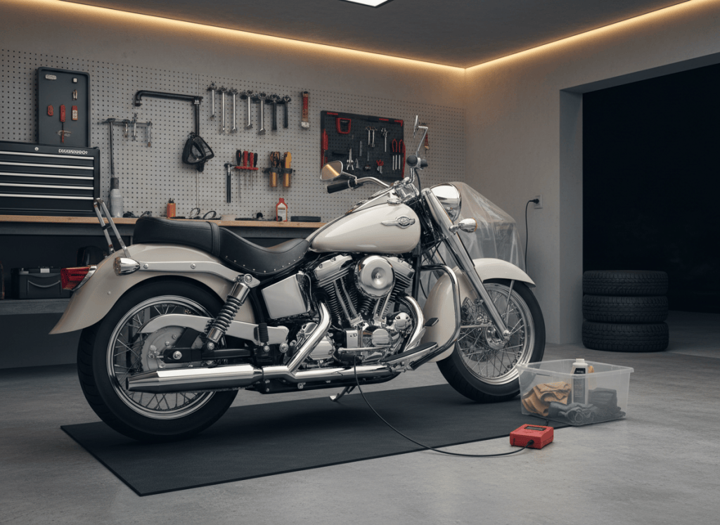 ガレージでアメリカンバイクにバッテリー充電器を接続して維持充電しているイメージ