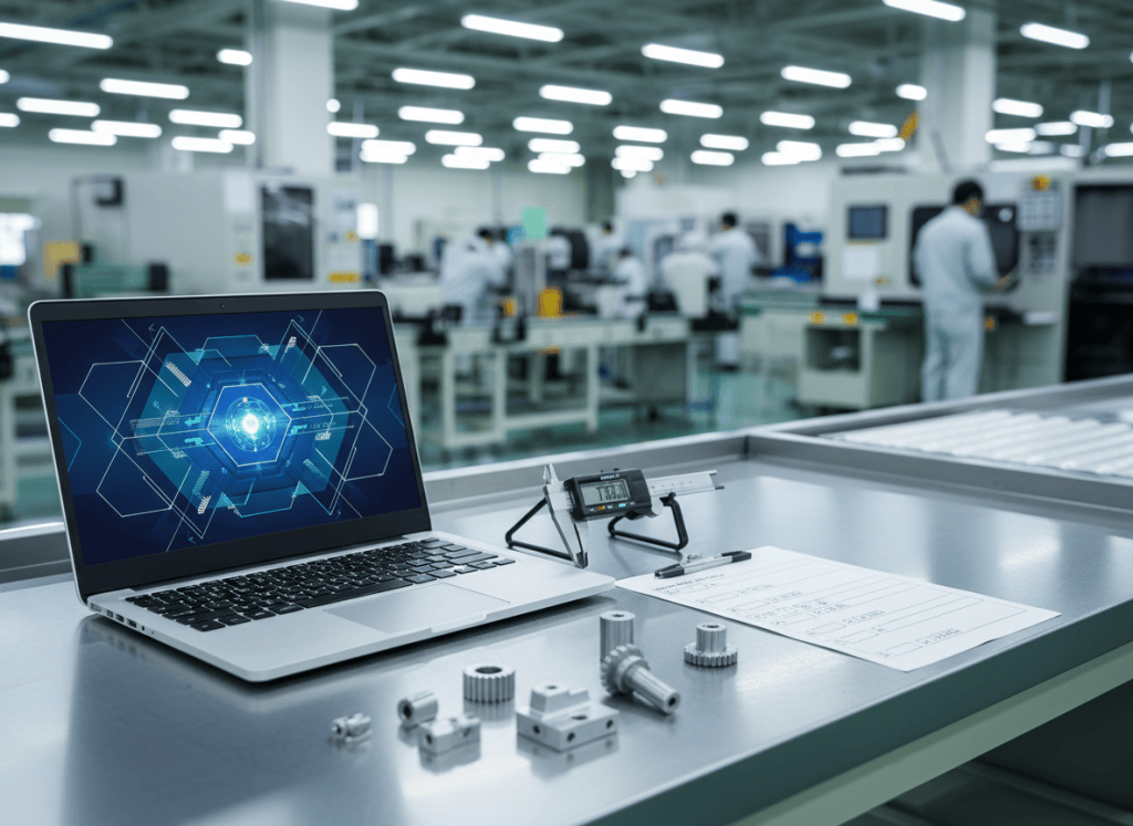 検査工程の作業台で測定工具とAIアシスタントを併用するイメージ