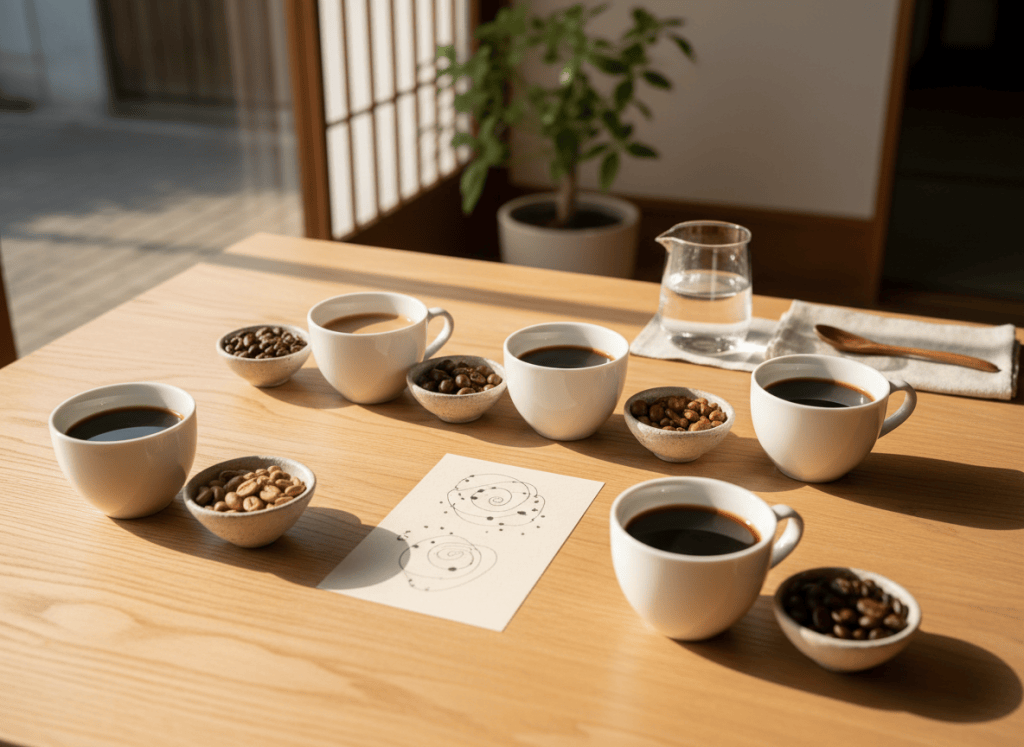 複数のコーヒーと豆を飲み比べるテイスティングのイメージ
