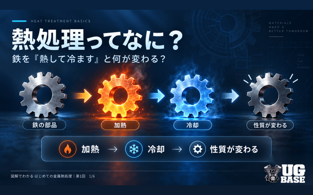 熱処理で金属を加熱し冷却すると性質が変わる流れを示した図解