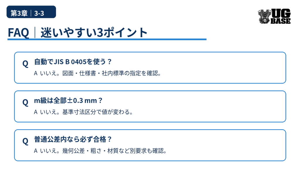 普通公差で迷いやすいJISの自動適用、m級の値、総合合否の3点を整理したFAQ図解