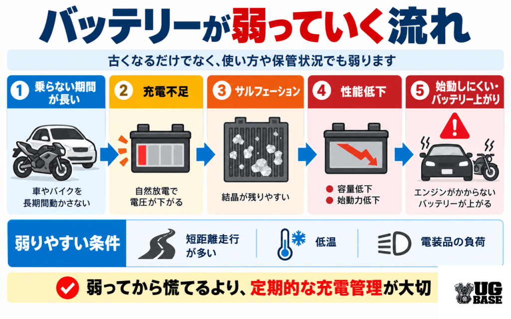 車やバイクを長期間動かさないことで充電不足からサルフェーション、性能低下、バッテリー上がりにつながる流れを示した図解
