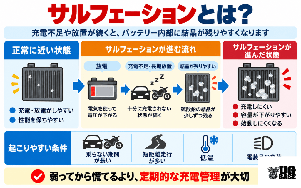 充電不足や長期放置で鉛バッテリー内部に硫酸鉛の結晶が残りやすくなる流れを示した図解