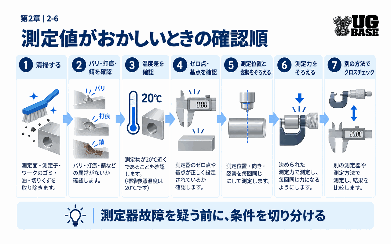 測定値がおかしいときに温度・清掃・基点などを確認する順番を示した図解