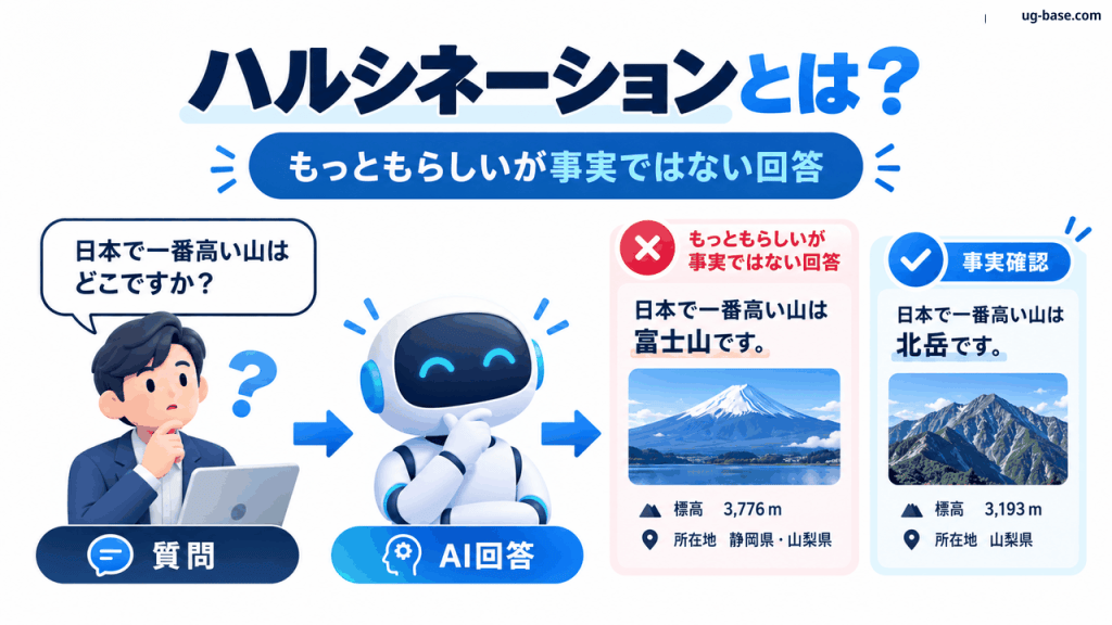 ハルシネーションの意味とAI回答を事実確認する流れを示す図解