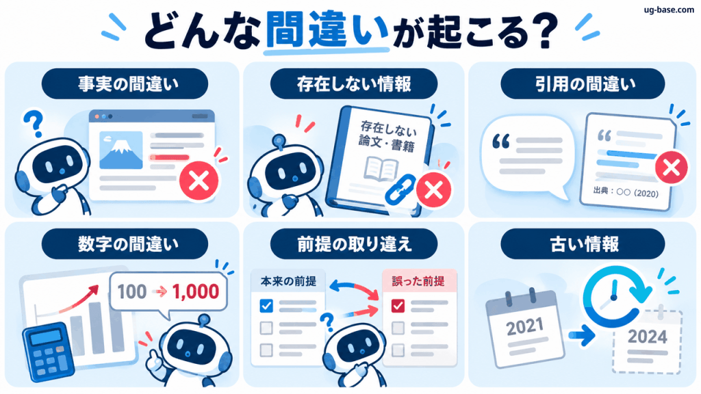 ChatGPTで起こりやすい事実・引用・数字・前提・古い情報などの間違いを示す図解