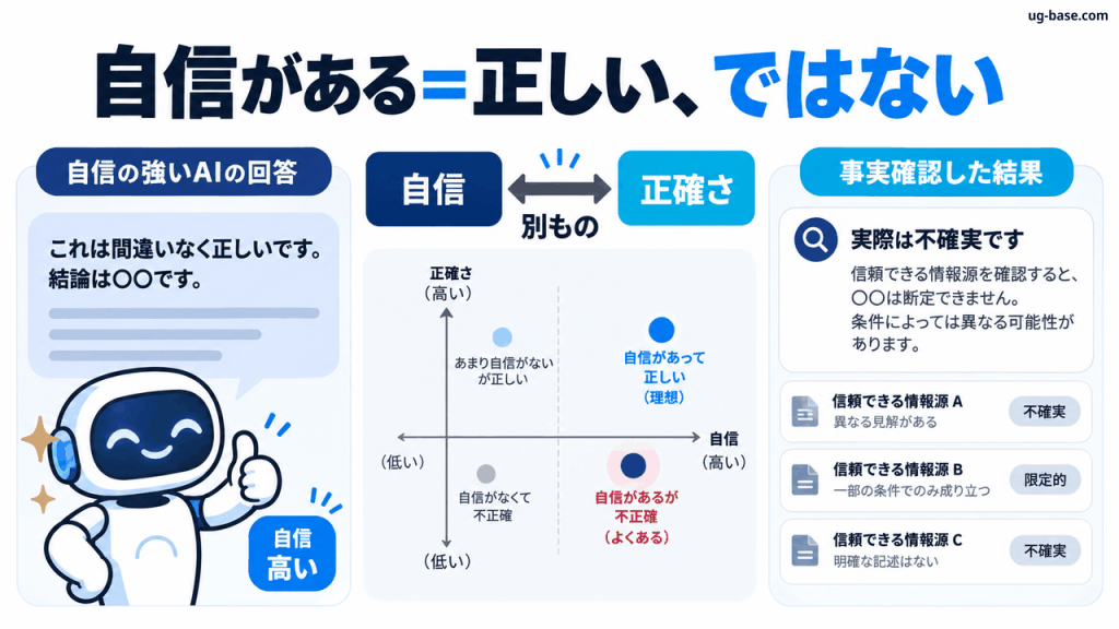 ChatGPTの自信の強さと回答の正確さは別であることを示す図解