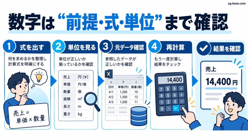 数字や計算結果を前提・式・単位・元データ・再計算まで確認する手順の図解