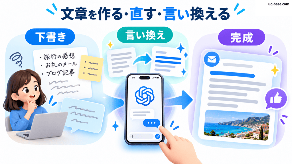 文章の下書きから言い換えを経て完成する流れを示す図解