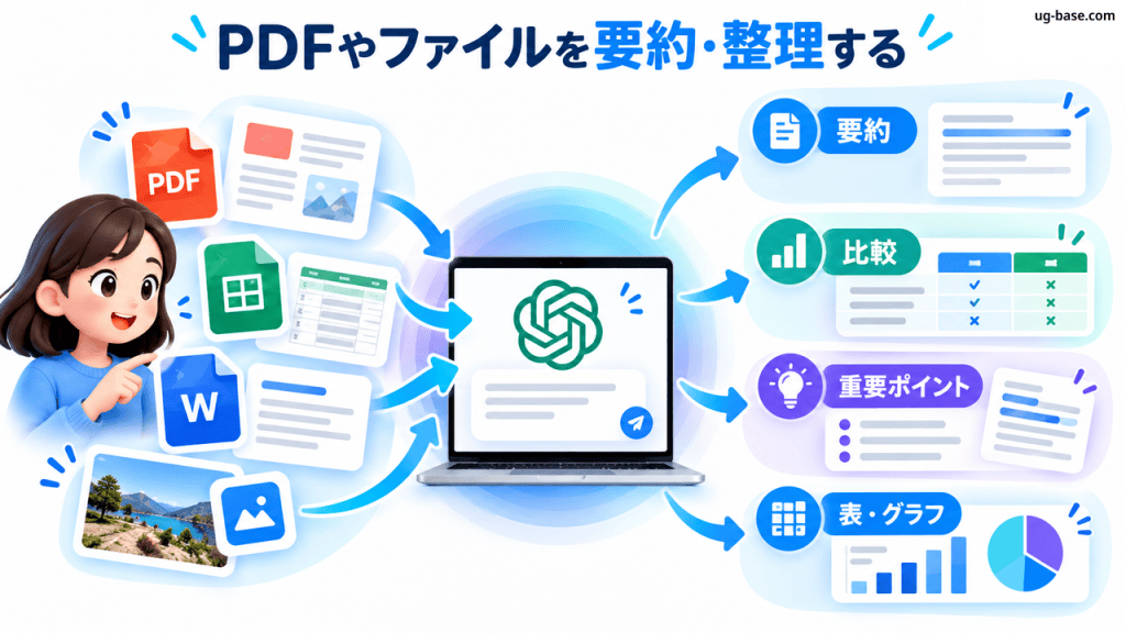 PDFや表などのファイルから要約・比較・重要点・表やグラフを得る流れを示す図解