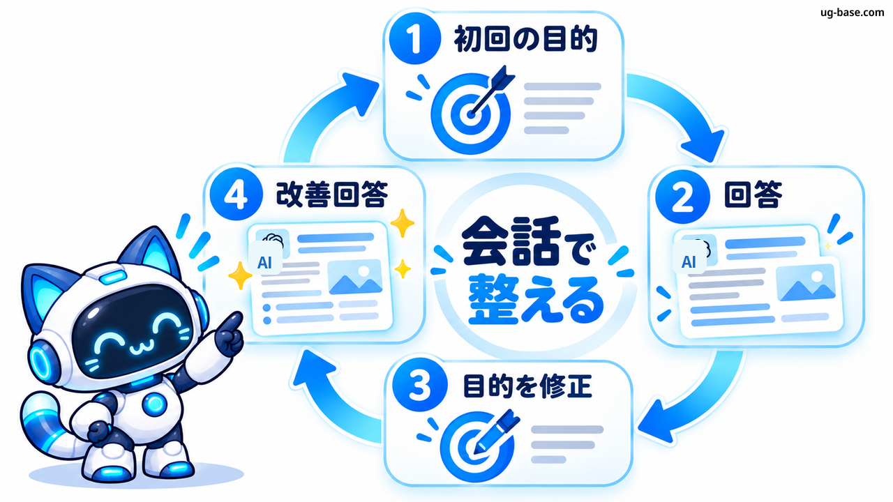 初回の目的から回答を確認し目的を修正して改善回答へつなげる会話ループの図解